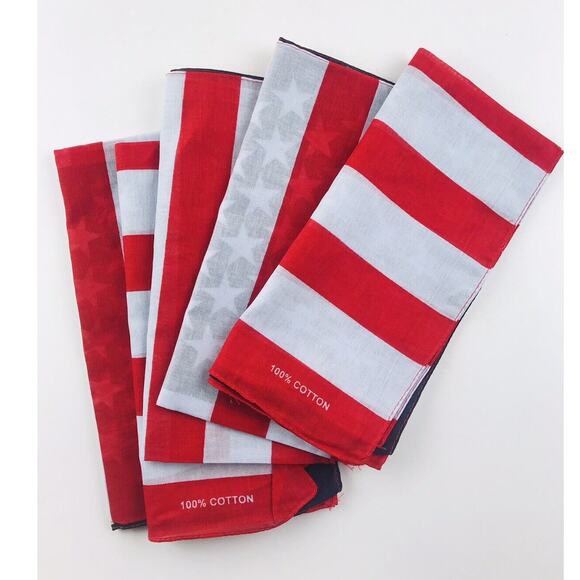 Set of 5 Vintage 100% Cotton American Flag Bandana Handkerchief USA Made 21" - Picture 1 of 9